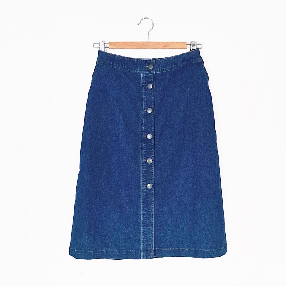 vtg high waist denim a-line skirt - dark blue 90s knee length - 26 inch